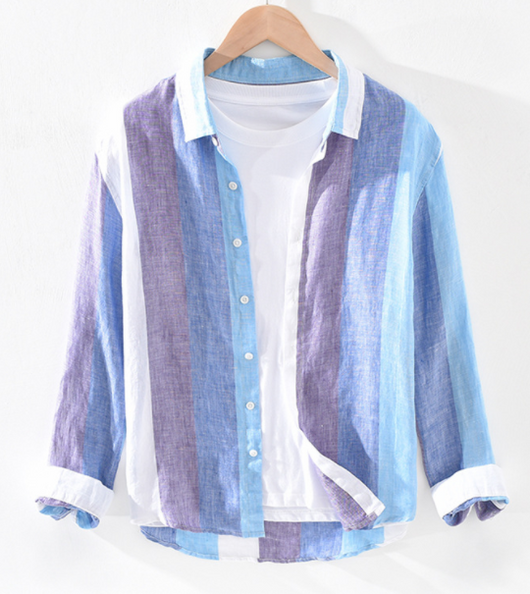 Camisa de Lino Manga Larga a Rayas con Cuello Cuadrado - Corte Holgado Fresco - Image 6