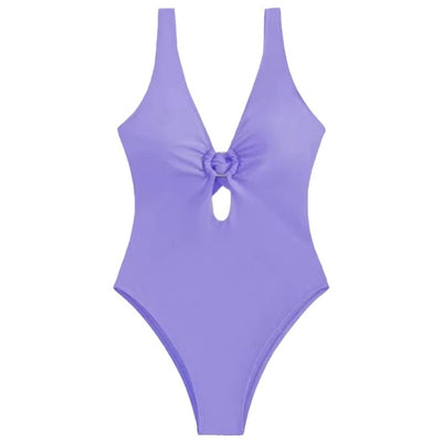 Women's lavender one-piece swimsuit with a deep V-neck, silver O-ring detail, and a keyhole cutout at the bust. - Image 9