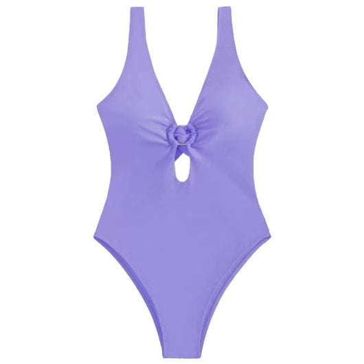 Women's lavender one-piece swimsuit with a deep V-neck, silver O-ring detail, and a keyhole cutout at the bust. - Image 9