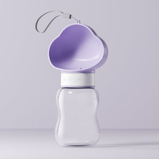 Yellow and clear portable pet water bottle with integrated drinking bowl and separate food container for walking dogs. - Image 6