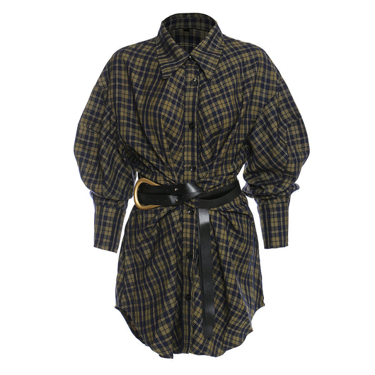Camisa Cuadros Suelta Retro con Cinturón - Falda Blusa Midi - Image 9