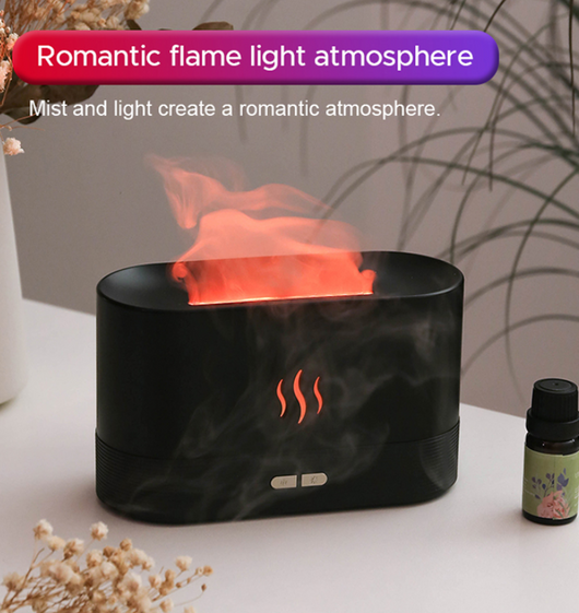 Black aroma diffuser with purple flame light effect and mist, featuring control buttons and a flame icon. - Image 8