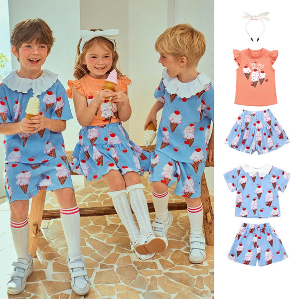 Conjunto Infantil Playera y Shorts Plisados Estilo Coreano Helado