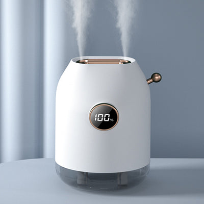 Dark green double nozzle humidifier with rose gold accents, digital display showing 100%, emitting mist. - Image 3