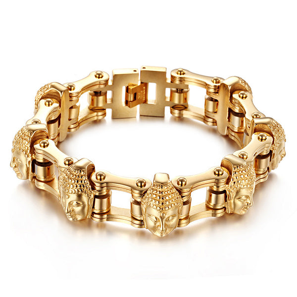 Pulsera Cadena de Bicicleta Titanio Dorado Buda para Hombre