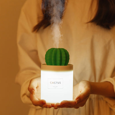 Person holding a glowing white cactus humidifier with a green top; inset shows five white humidifier filter sticks. - Image 6