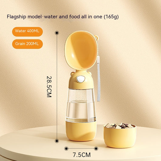 Yellow portable pet water bottle with clear reservoir, built-in drinking bowl, and wrist strap, 28cm tall. - Image 8
