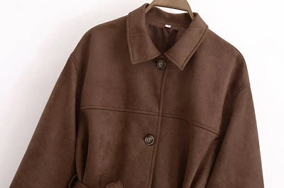 Chaqueta Camisa Polo Suede con Cinturón - Manga Larga Oversize - Image 9