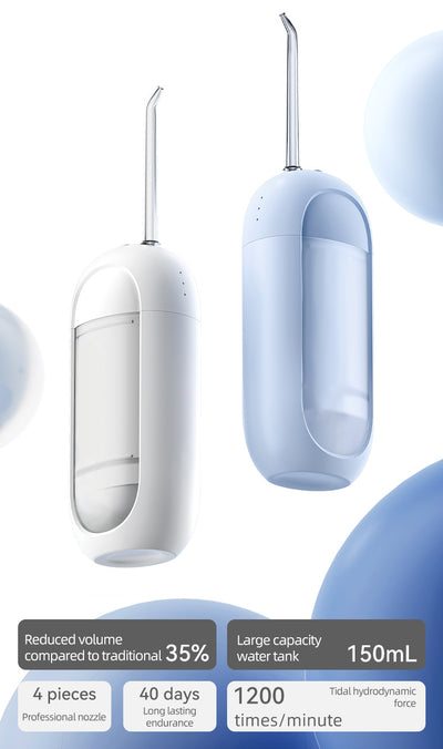 White portable electric dental water flosser with a clear nozzle and retractable water tank for oral hygiene. - Image 7