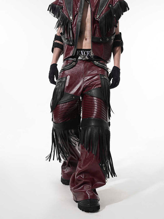 Pantalones de Cuero PU Rojo Diseño Deconstruido para Hombre - Image 12