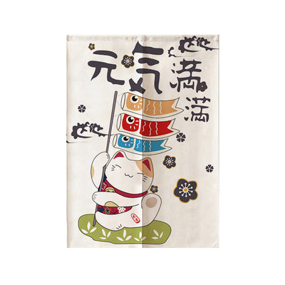 Red fabric door curtain with white polka dots and a repeating pattern of a lucky cat holding a gold coin, surrounded by flowers. - Image 7