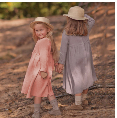 Vestido Infantil Coreano de Manga Larga en Colores Sólidos