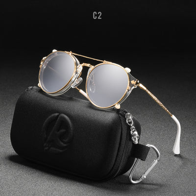 Round frame sunglasses with light blue mirrored lenses and a gold-tone metal frame, featuring a double bridge. - Image 25