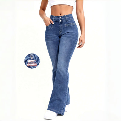 Pantalón Retro Azul Acampanado Tiro Bajo Efecto Denim - Image 11