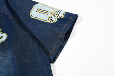 Camisa Denim Estilo Vintage Americana con Bordado Flocked - Image 17