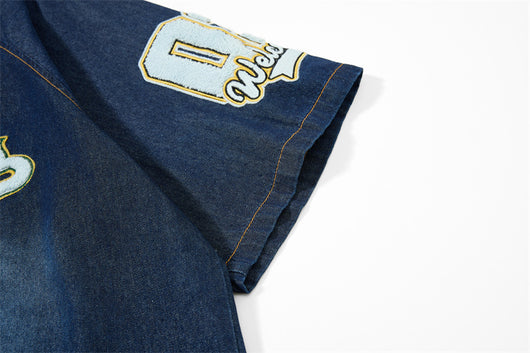 Camisa Denim Estilo Vintage Americana con Bordado Flocked - Image 17