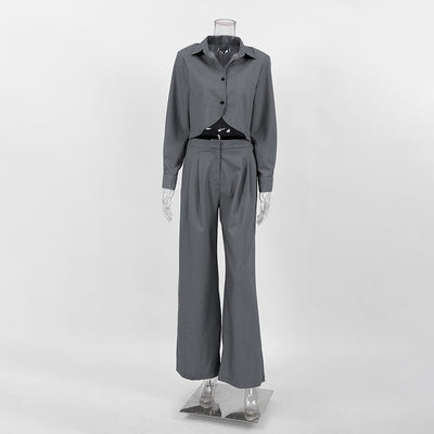 Conjunto de Pantalón Ancho y Blusa Gris de Manga Larga Cintura Alta Efecto Reductor - Image 12