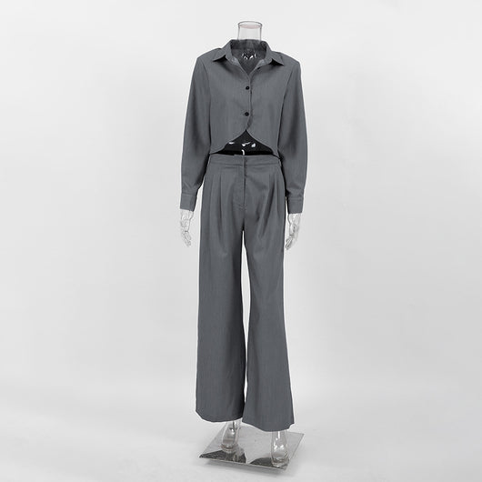 Conjunto de Pantalón Ancho y Blusa Gris de Manga Larga Cintura Alta Efecto Reductor - Image 12