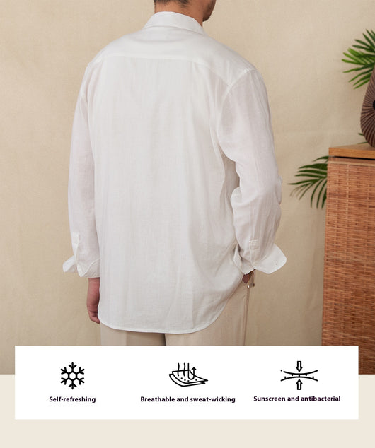 Camisa de Lino y Algodón con Cuello Cubano Bordado - Protección Solar de Manga Larga - Image 9