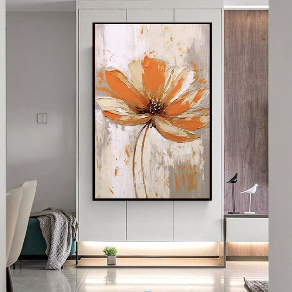 Cuadro Abstracto Flores Naranjas - Pintura al Óleo Moderna sin Marco para Sala de Estar