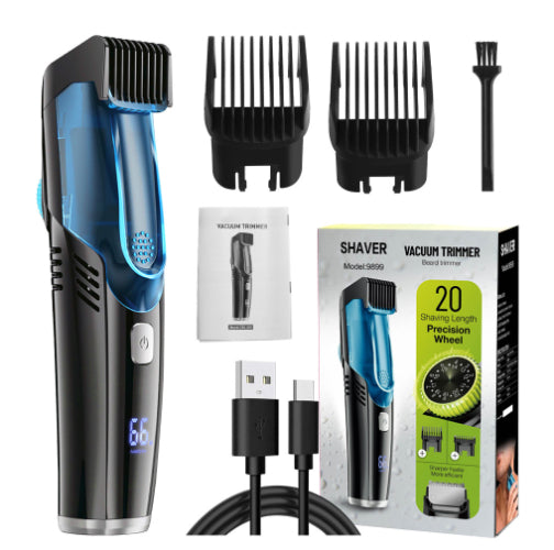Rechargeable black and blue hair clipper kit with two guide combs, cleaning brush, USB cable, and black storage pouch. - Image 16