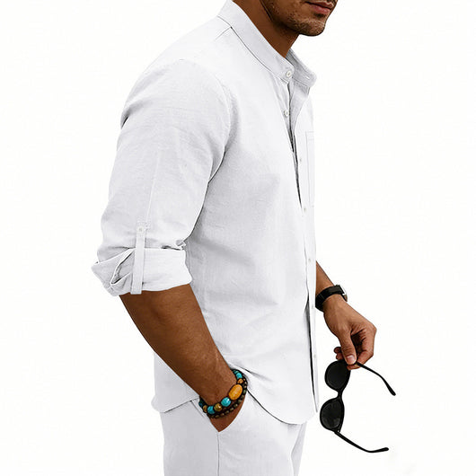 Camisa de Lino Estilo Americano con Cuello Mao y Mangas Medianas para Hombre - Image 25