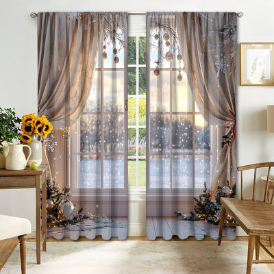 Christmas curtain with a snowy village scene, Santa Claus, flying reindeer, and piles of wrapped gifts. - Image 19