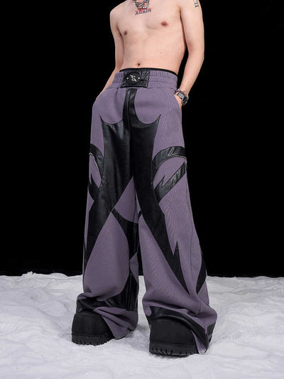 Pantalones Deportivos de Cuero Patchwork para Hombre - Corte Recto Oversize con Logo - Image 14