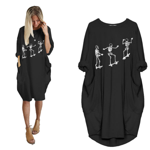 Vestido Holgado de Manga Larga con Estampado Temático y Bolsillos