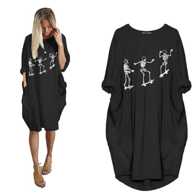Vestido Holgado de Manga Larga con Estampado Temático y Bolsillos