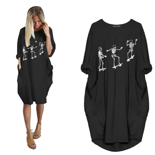 Vestido Holgado de Manga Larga con Estampado Temático y Bolsillos