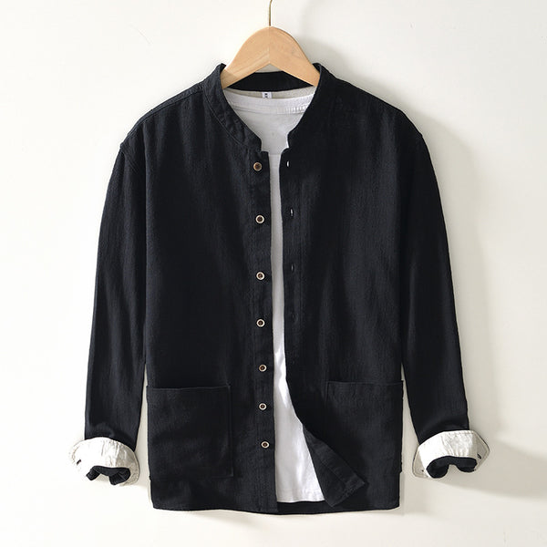 Camisa Lino Cuello Mao Manga Larga Transpirable Estilo Asiático para Hombre - Image 8