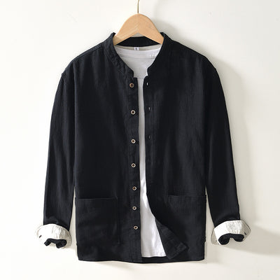 Camisa Lino Cuello Mao Manga Larga Transpirable Estilo Asiático para Hombre - Image 8