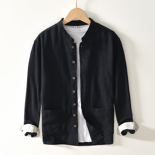 Camisa Lino Cuello Mao Manga Larga Transpirable Estilo Asiático para Hombre - Image 8