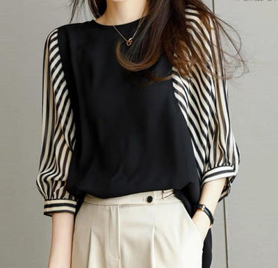 Blusa Suelta de Cuello Redondo con Bloques de Color - Estilo Japonés y Coreano - Image 7