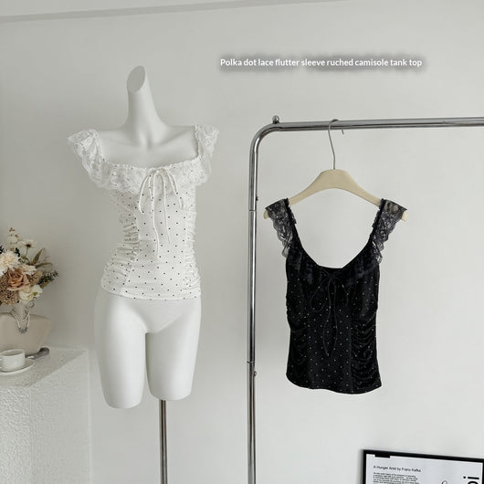 Blusa Crop Ajustada con Volantes, Encaje y Lunares - Manga Casquete - Image 10