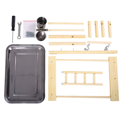 Wooden parrot play stand with perches, ladder, stainless steel food cups, and hanging bells, featuring a lovebird. - Image 8