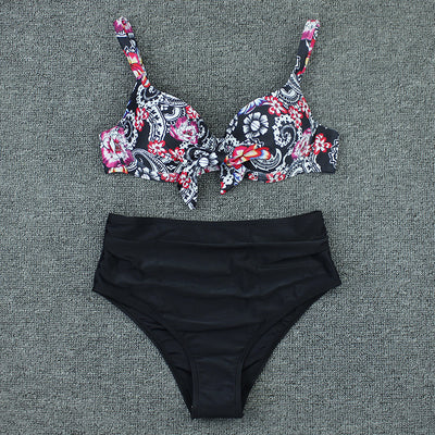 Olive green floral print bikini top with tie-front and solid high-waisted ruched bottoms on a grey background. - Image 13