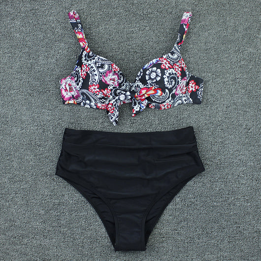 Olive green floral print bikini top with tie-front and solid high-waisted ruched bottoms on a grey background. - Image 13