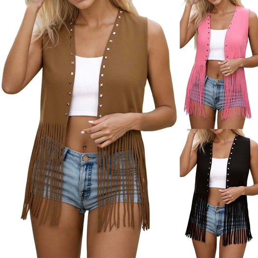 Chaqueta de Gamuza sin Mangas con Flecos y Remaches para Mujer - Image 19