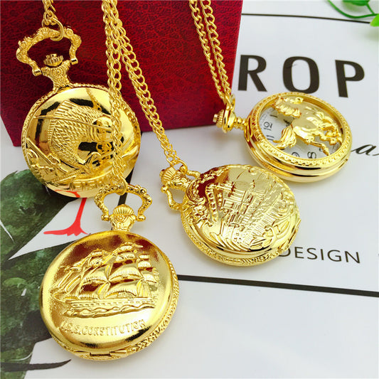 Reloj de Bolsillo Retro Locomotora Dorado con Mecanismo de Cuarzo