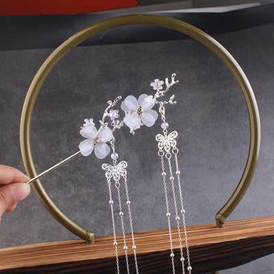 Horquilla Hanfu Flor de Cerezo Estilo Antiguo con Borla y Cristales Blancos - Image 9