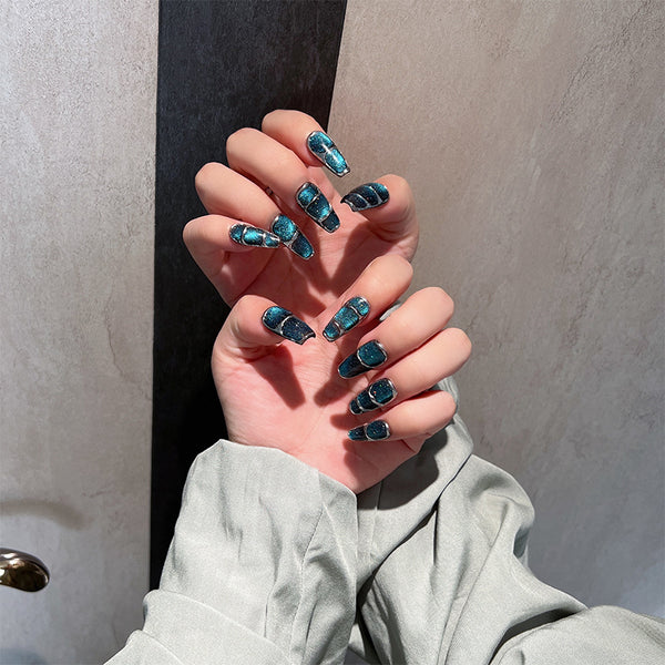 Uñas Postizas Diseño Gato Ojos de Gato Cielo Estrellado Azul con Removedor UV - Image 5