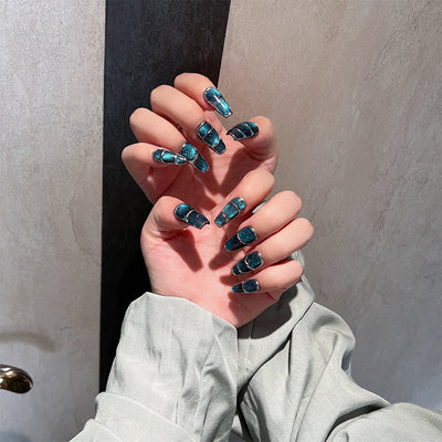 Uñas Postizas Diseño Gato Ojos de Gato Cielo Estrellado Azul con Removedor UV - Image 5