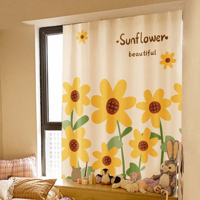 Printed Velcro cabinet curtain with a cartoon oil painting of white and yellow tulips under a light blue sky with clouds and a crescent moon. - Image 13