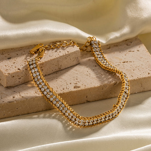 Pulsera de Oro 18K Dorada con Circonia Blanca en Doble Capa - Image 10