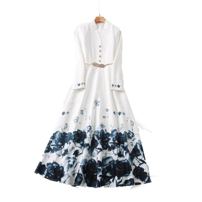 Vestido Largo V-Escote Manga Larga con Estampado Acuarela Blanco - Image 20