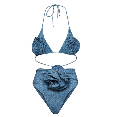 Blue 3D flower decoration halter lace-up bikini with high-waisted bottoms and matching sarong. - Image 5