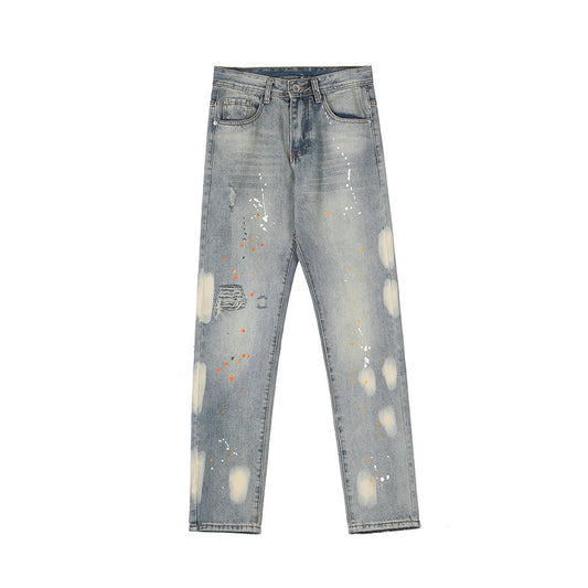 Jeans Rectos Desgastados con Cortes de Tinta