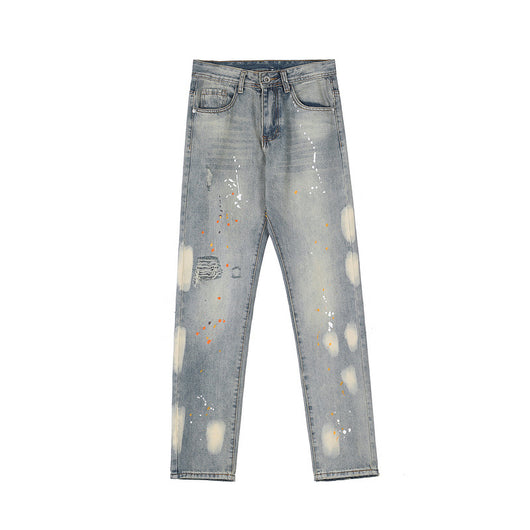 Jeans Rectos Desgastados con Cortes de Tinta